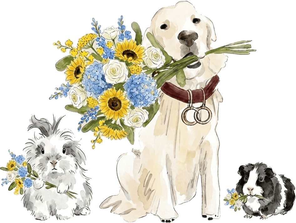 Aquarelle d'un chien tenant un bouquet de mariée, avec un lapin et un cochon d'Inde